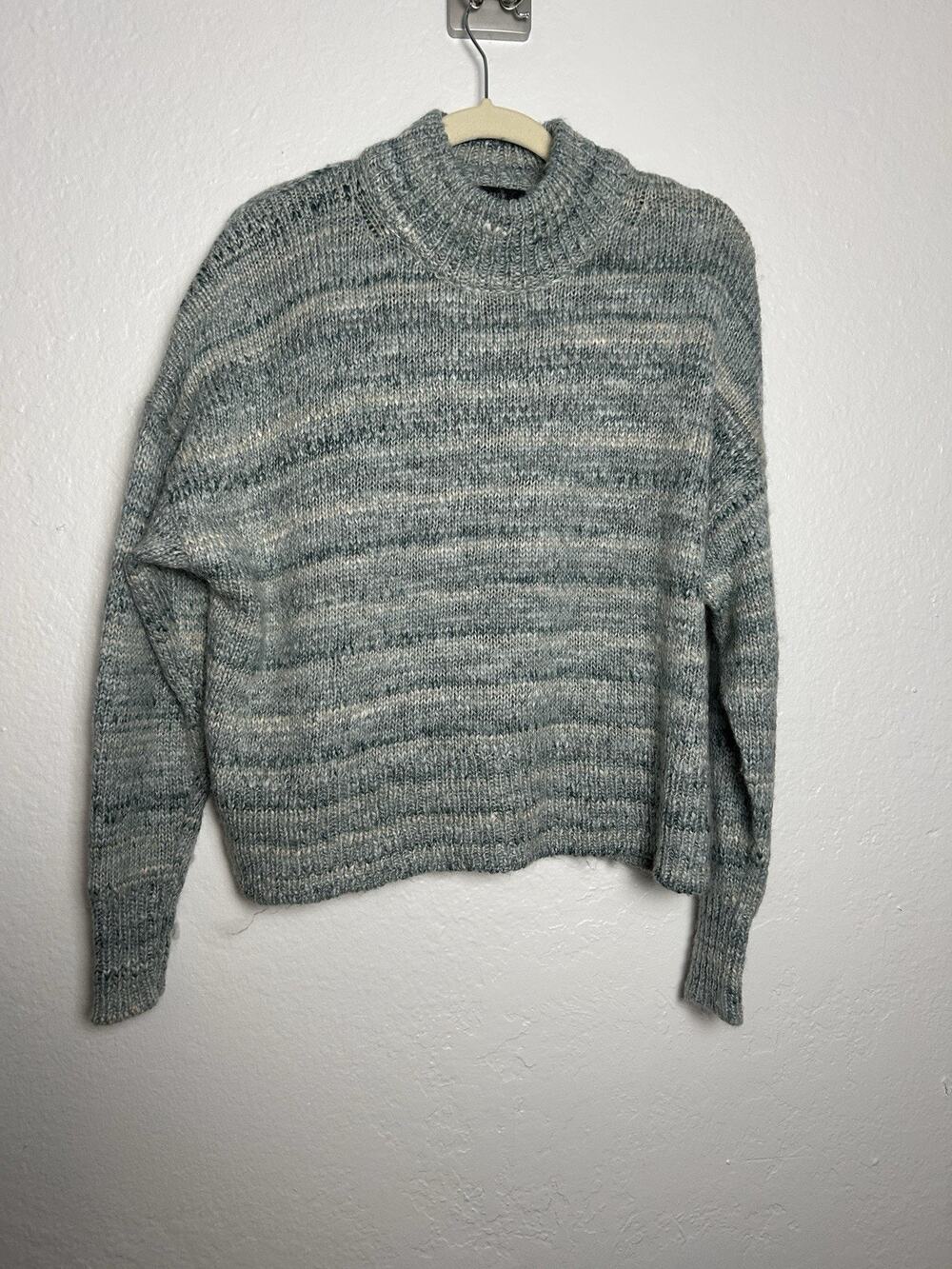 J. CREW Space-Dye Mockneck Sweater Mineral Blue Ivory Wool Preppy Size Small